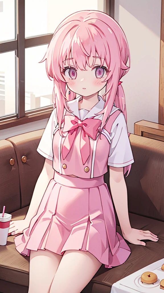 1girl,pink hair, pink eyes with love, detailed eyes, straight hair, straight bangs, shiny hair,
,red bowtie,purple skirt,purple shirt,pleated skirt,short sleeves,looking at viewer, high-definition,masterpiece,best quality, masterpiece, best quality, high resolution, aabeta, double, standing, slim waist, cute, sailor uniform, while eating on mcdonalds, sitting on a chair and table in front and mcdonalds food in the table (PastelColors: 1.3)