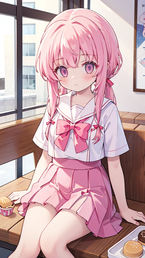 1girl,pink hair, pink eyes with love, detailed eyes, straight hair, straight bangs, shiny hair,
,red bowtie,purple skirt,purple shirt,pleated skirt,short sleeves,looking at viewer, high-definition,masterpiece,best quality, masterpiece, best quality, high resolution, aabeta, double, standing, slim waist, cute, sailor uniform, while eating on mcdonalds, sitting on a chair and table in front and mcdonalds food in the table (PastelColors: 1.3)