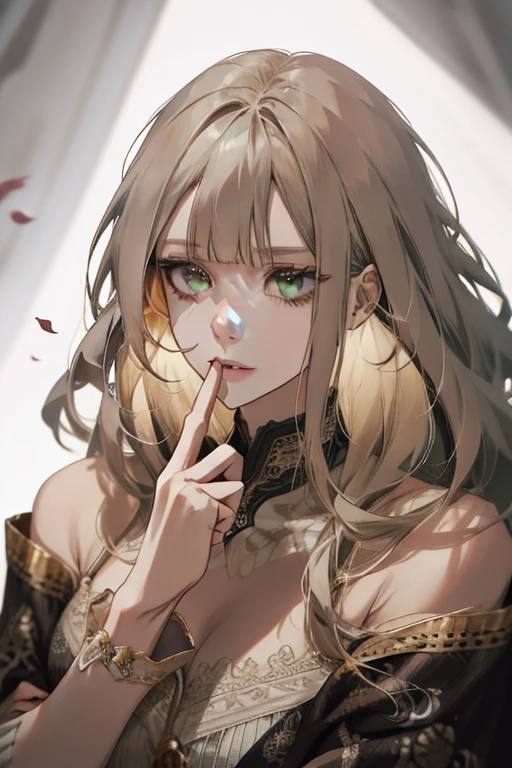 (absurdres, highres, ultra detailed), 1girl, mature female, wavy blonde hair, long hair, blunt bangs, green eyes, pink dress, finely detailed eyes and detailed face, extremely detailed CG unity 8k wallpaper, intricate details, BREAK , kaleidoscopic imagery, symmetrical patterns, vibrant colors, geometric shapes, mesmerizing designs, optical illusions, dynamic composition BREAK , pantomime art, expressive body language, silent storytelling, evocative gestures, visual narratives, theatrical performances BREAK , blooming flowers, colorful petals, fragrant scents, nature's bounty, vibrant gardens, peaceful scenery