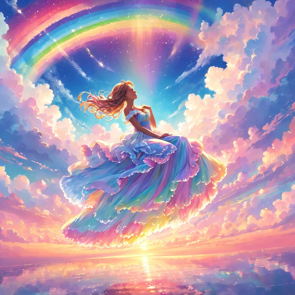 A stunningly woman, surrounded by a dazzling array of rainbow hues and stardust, reclines gracefully amidst the fluffy clouds in the sky. Bathed in dynamic and enchanting lighting, accentuates her vibrant, full-bodied form. Fantasy art. Masterpiece 