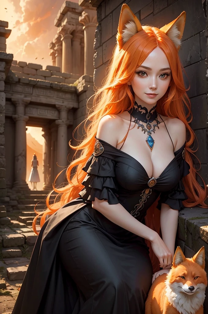 a woman with long orange hair, a dress with beautiful neckline, a mysterious smile, with an orange fox at her side. The setting is an ancient temple in ruins, the sky black, with subtle glowing mana in the surroundings