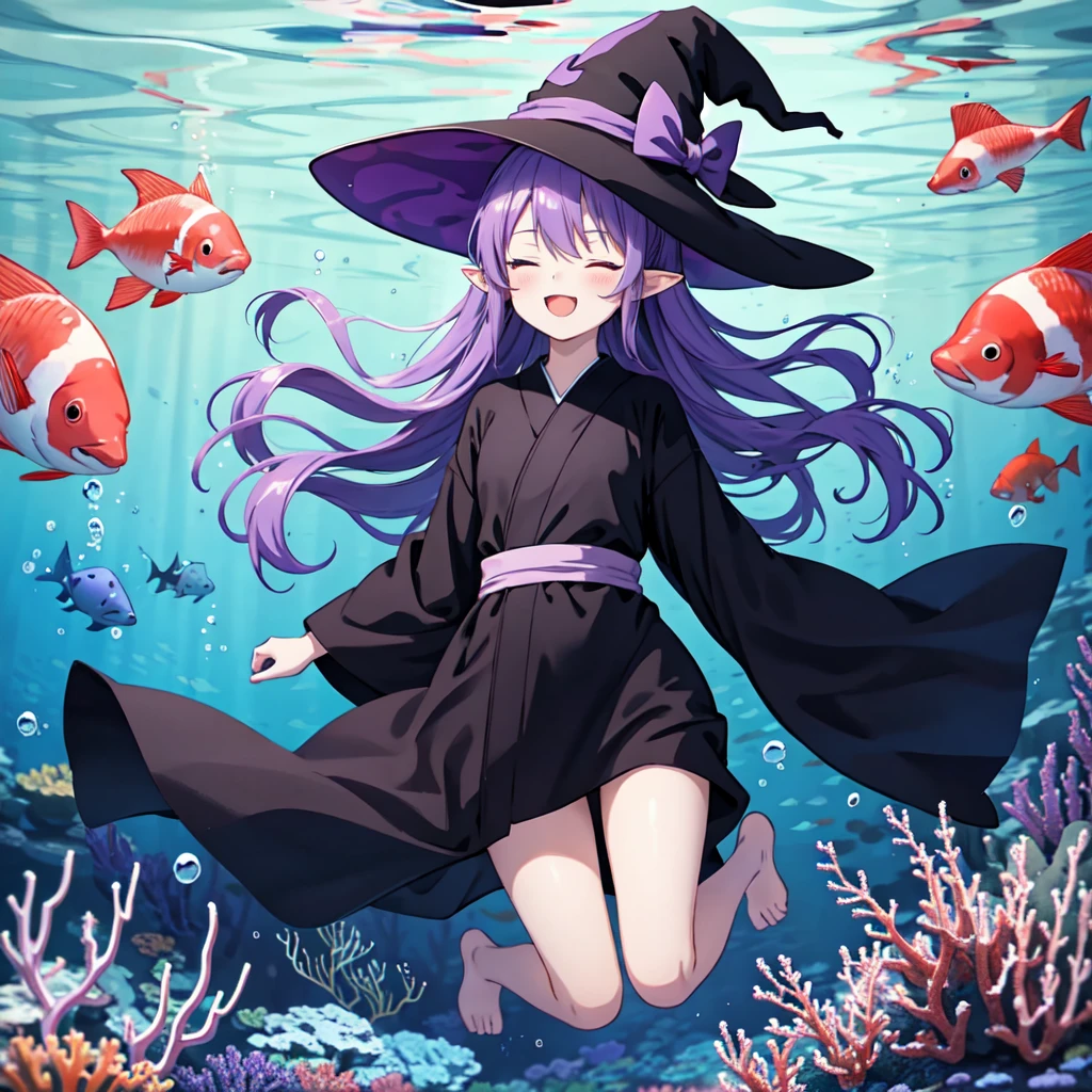 Anime girl. Long purple hair and black robe. Pointy ears. Witch hat. Cute cartoon. Illustration, one. Full body. High school student. Floating in water. Deep underwater. Underwater. Eyes closed.