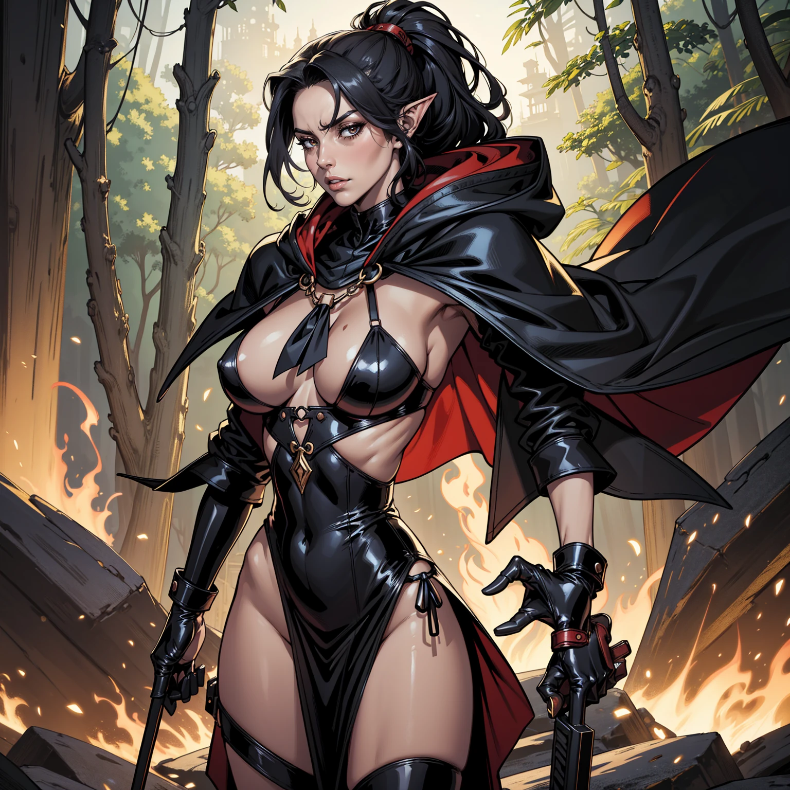 Masterpiece, Professional,  High Definition - quality, sharp focus, perfect artwork, Best Illustration,  trending on artstation, UHD, 4k, full body, NSFW
digital art, fantasy style, medium shot of a sexy mature woman posing in front of night jungle, elf witch, dark skin, ponytail, black hair, huge breasts, Sophia Loren, blood, leather wristband, short ripped cloak with hood, pelvic curtain, red sash, black latex bodysuit, flat colors, low camera angle, dynamic pose, looking confident, looking serious, looking off into distance, masterpiece, best quality, high quality, absurdres, realistic, UHD,