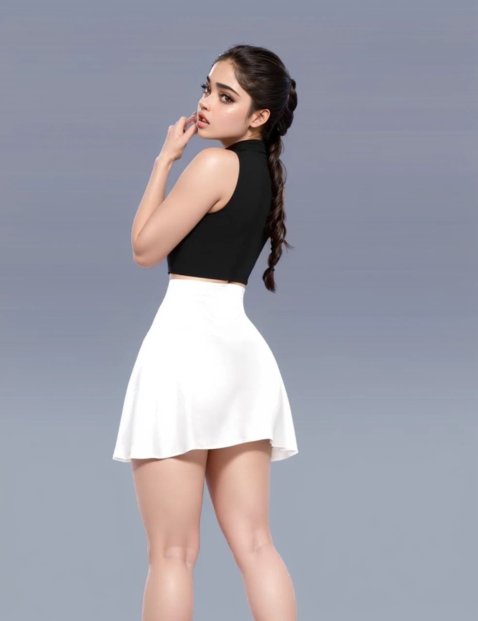 Back view, ((Beautiful girl, Odeya Rush, Becky G, maitreyi ramakrishnan, Priyanka Chopra, 18 years)), wearing black cotton-lycra turtleneck crop top and plain white miniskirt, grey studio background, (HDR, 8K, vivid, vibrant, detailed: 1.4), (hyper realistic, movie graphics)