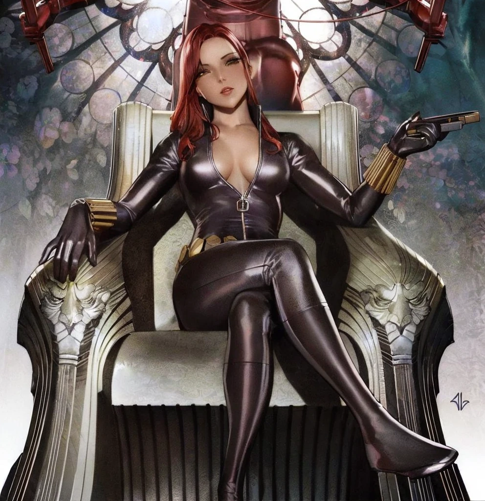 A digitally illustrated image shows an anime girl with red hair wearing a a sleek skin-tight shiny black latex bodysuit with a deep-cut zipper neckline revealing a large chest and seated on an ornate, metallic throne. She also wear a leather belt adorned with golden circle and a wrist guard made by golden stick. She is holding a gun in her left hand and looks directly at the viewer. The throne and the background are intricately designed, with the throne featuring carvings of flora and fauna and the background showcasing elaborate patterns in blue, pink, and cream, accented with red elements. The setting conveys a blend of modern and futuristic aesthetics.