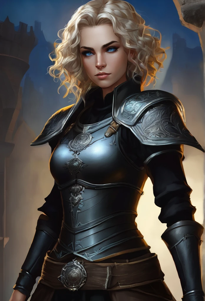 Necromancer Ranger Female, short curly hair blonde with highlights, medieval times, blue-grey eyes ,dark background. black colored clothes