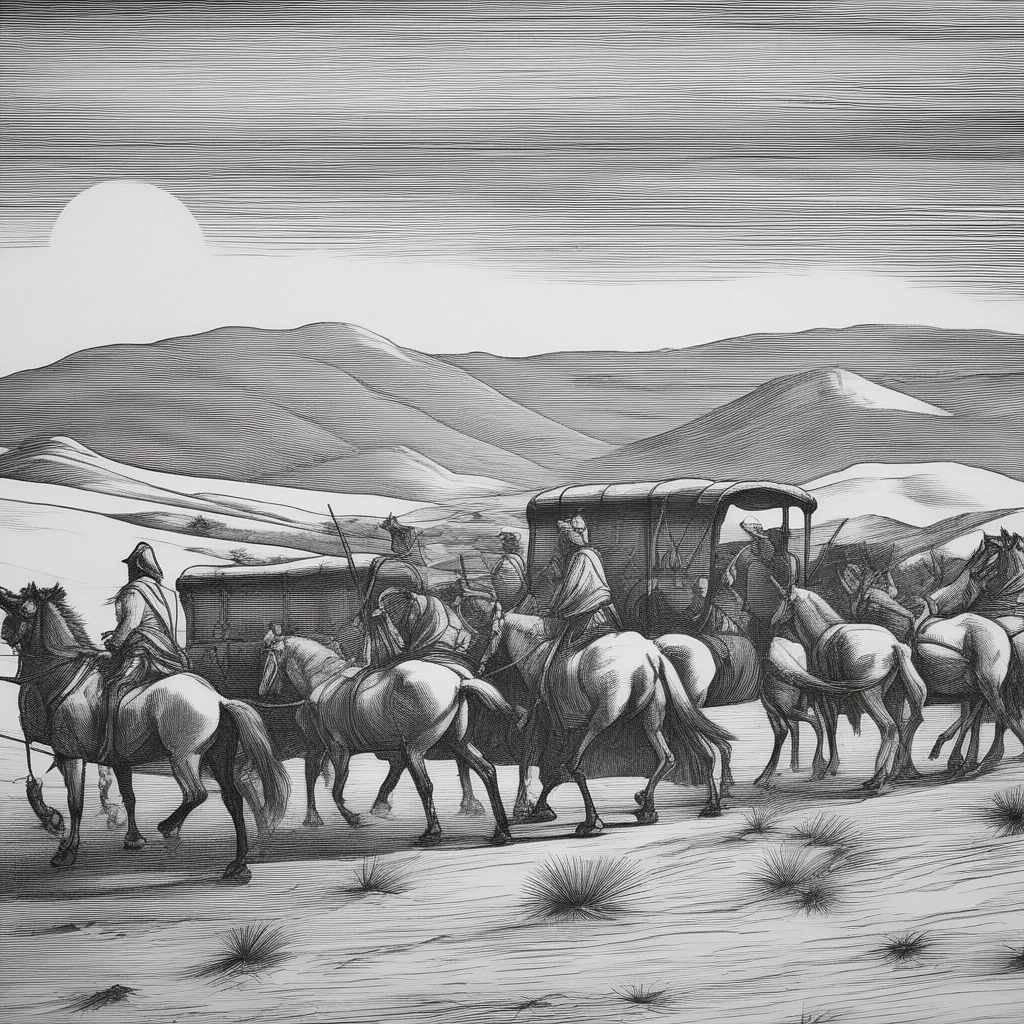 2d, greyscale, inking, woodcut, work of art, a caravan of horses and dromedaries following in line in the desert. rolling hills, Nuvens ao longe, scorching sun not high  