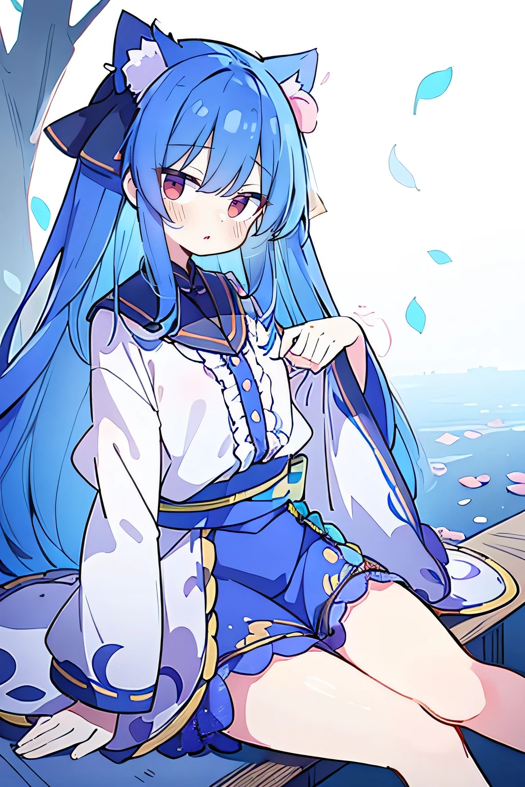 (masterpiece:1.2),Extremely detailed,Practical,expressive eyes,Fair skin,Perfect face shaping,1 Girl,
Japanese cartoons,Gorgeous blue hair, the long flowing blue hair,Floating clothes,Cat ears,Petals fall,beautiful lola,Angel,
Place your hands on your waist,sit elegantly on the ground,Cross your legs,Gentle and peaceful background,open sky。