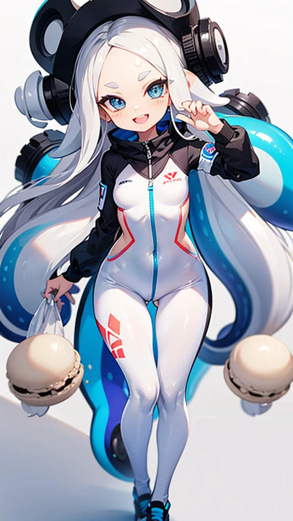 splatoon style,cute girl,white long Hair,shiny delta forehead,Bangs parted in middle of forehead,blue eyes,white battle suit,baby face,Macaron-shaped headgear,open mouth smile,thigh gap,