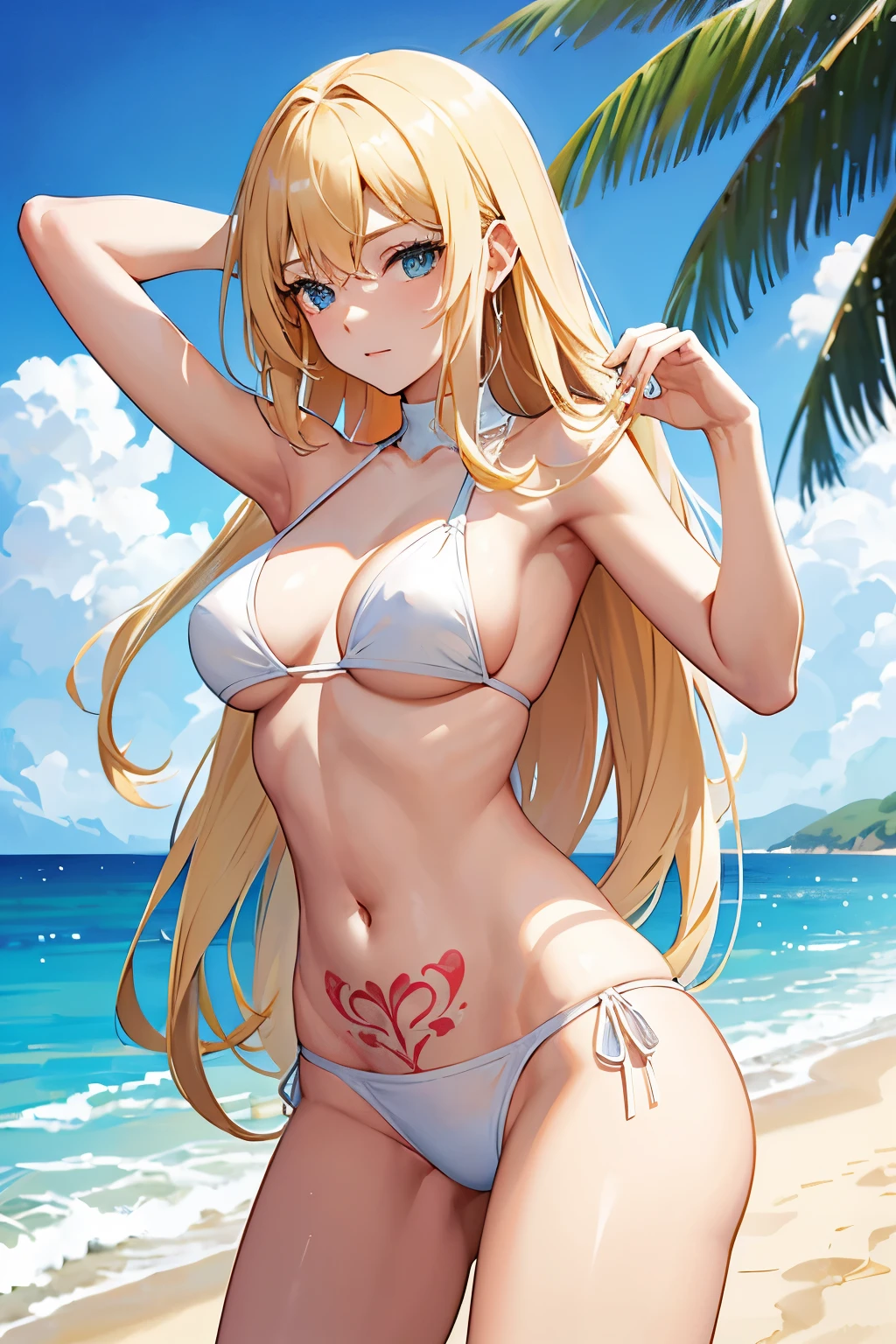 Generate an image of a beautiful woman with long blonde hair, wearing a white bikini. She has a tattoo on her abdomen and is posing confidently. The background is a sunny beach with clear blue skies and gentle ocean waves