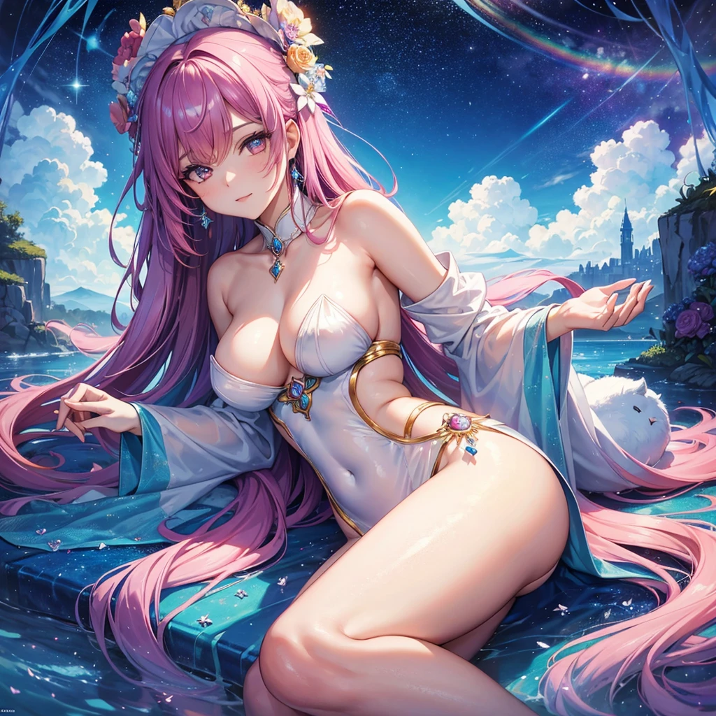 A stunningly woman, surrounded by a dazzling array of rainbow hues and stardust, reclines gracefully amidst the fluffy clouds in the sky. Bathed in dynamic and enchanting lighting, accentuates her vibrant, full-bodied form. Fantasy art. Masterpiece