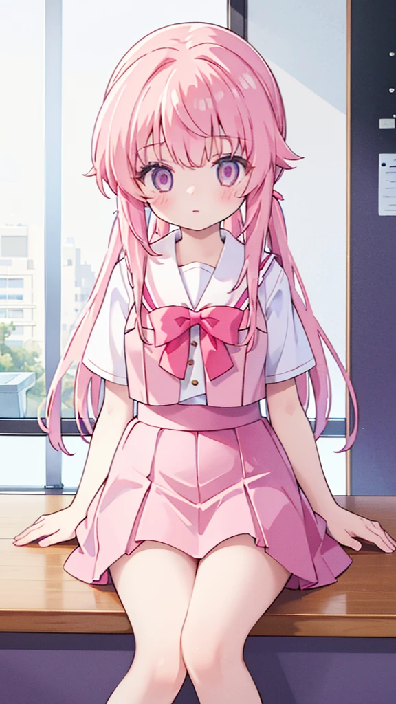 1girl,pink hair, pink eyes with love, detailed eyes, straight hair, straight bangs, shiny hair,
,red bowtie,purple skirt,purple shirt,pleated skirt,short sleeves,looking at viewer, high-definition,masterpiece,best quality, masterpiece, best quality, high resolution, aabeta, double, standing, slim waist, cute, sailor uniform, while eating on mcdonalds, sitting on a chair and table in front and mcdonalds food in the table (PastelColors: 1.3)