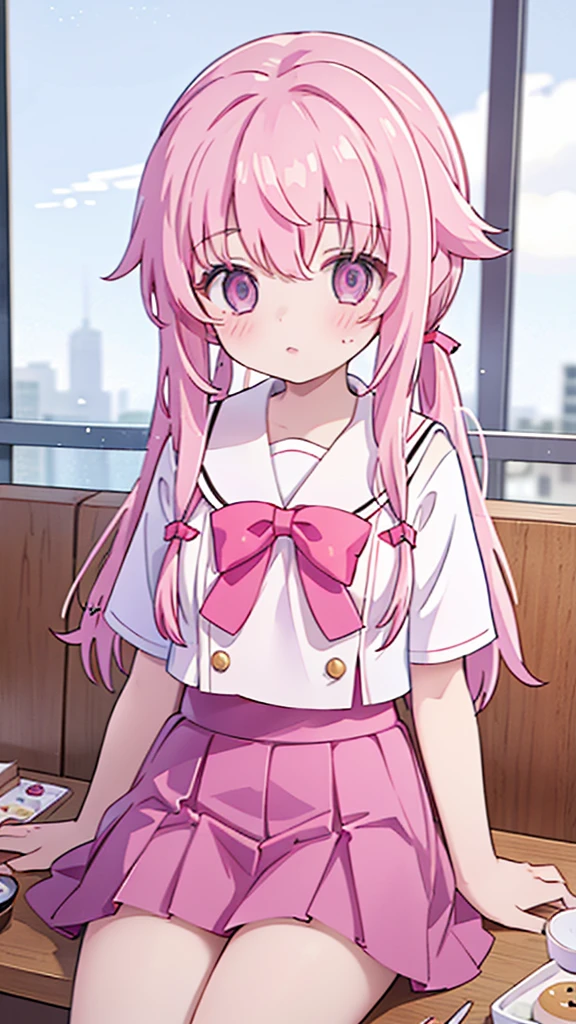 1girl,pink hair, pink eyes with love, detailed eyes, straight hair, straight bangs, shiny hair,
,red bowtie,purple skirt,purple shirt,pleated skirt,short sleeves,looking at viewer, high-definition,masterpiece,best quality, masterpiece, best quality, high resolution, aabeta, double, standing, slim waist, cute, sailor uniform, while eating on mcdonalds, sitting on a chair and table in front and mcdonalds food in the table (PastelColors: 1.3)