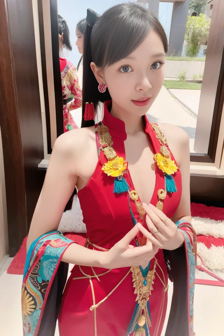 An Indonesian-styled futuristic suit worn by a girl depicting cultural fusion and modern fashion. The suit is adorned with intricate patterns and vibrant colors, showcasing the rich heritage of Indonesia. The girl stands confidently in a dynamic pose, with her detailed eyes reflecting determination and curiosity. The suit's material is a combination of traditional textiles and futuristic synthetic fabrics, giving it a unique and avant-garde appearance. The overall image quality is of the highest standard, with sharp focus and ultra-detailed rendering. The artwork employs physically-based rendering techniques, resulting in realistic lighting and shadows. The colors are vivid and vibrant, capturing the essence of Indonesian cultural aesthetics. The background features a fusion of modern architecture and traditional elements, creating a harmonious blend of the past and the future. The prompt explores the intersection of Indonesian culture, futuristic design, and the artistic representation of a confident girl.