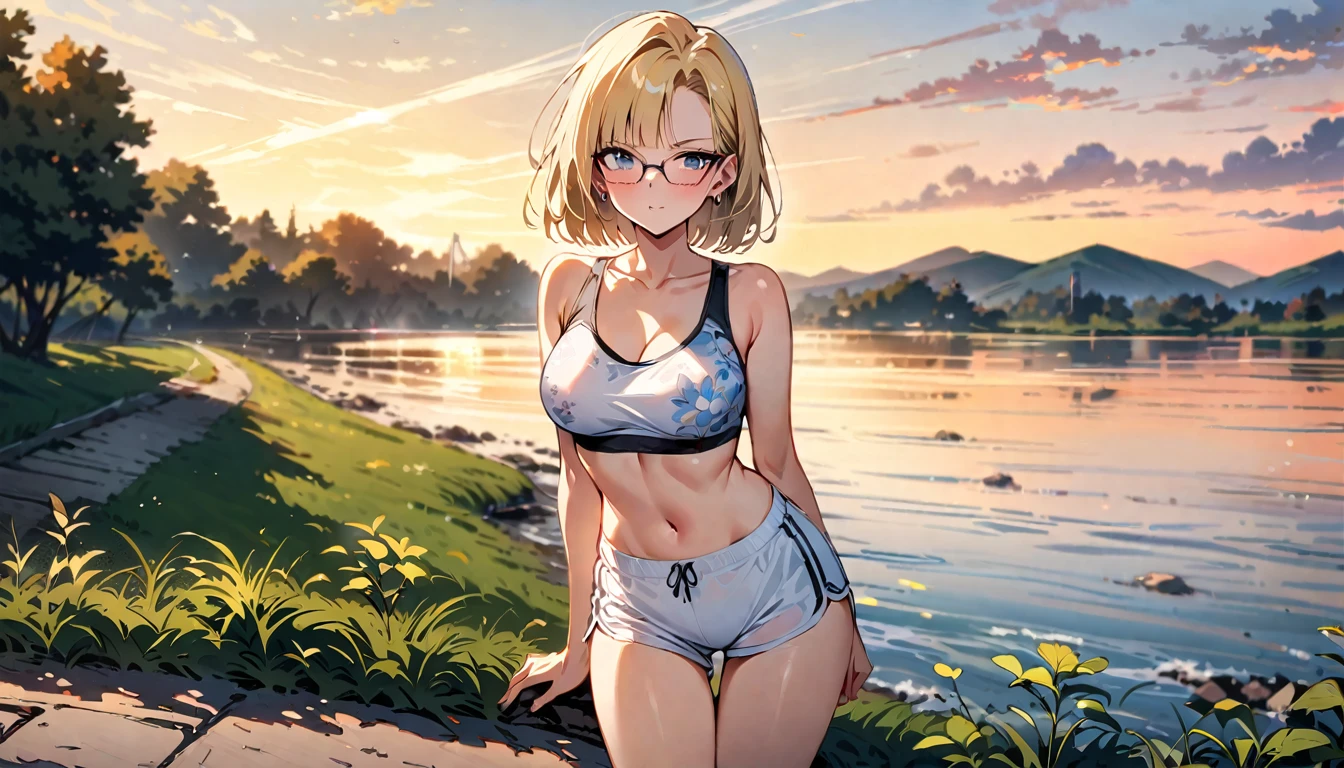 (masterpiece, best quality:1.2),1girl, (solo), Android 18 from Dragon Ball, ((floral print white sport bra, light gray dolphin shorts)), medium breasts, blunt bangs, blonde short hair, black eyes, earrings on earlobes, slim, slender feminine figure, skinny body, blush, magnificent view, blur background, 8K, collarbone, riverside, sky, sunny, thigh gap, (wearing glasses), park