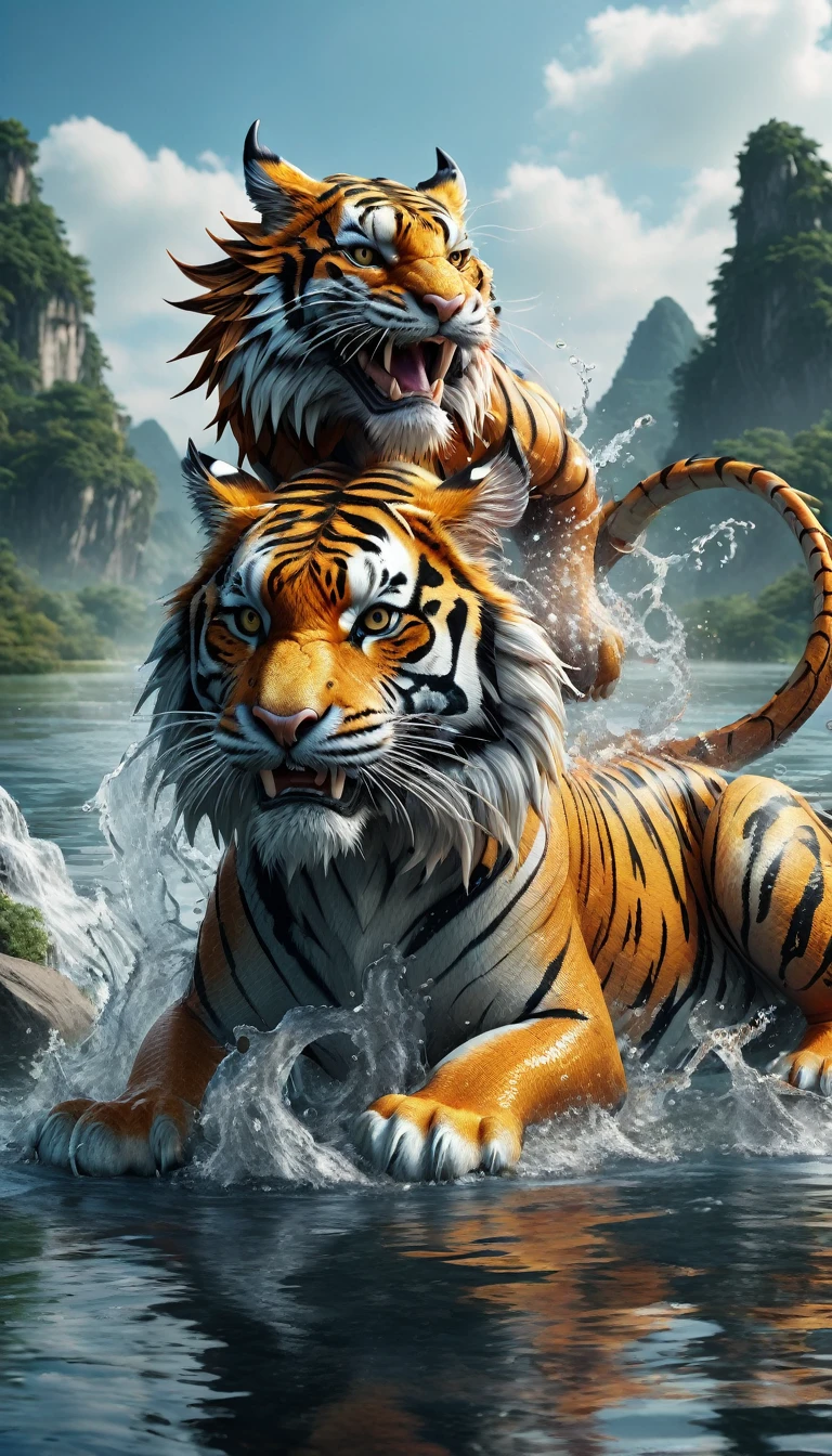Panorama，Dragon and tiger combination creature in water(best quality，4K，8k，High level，masterpiece：1.2），Ultra Detailed，（lifelike，Photo real，Photo real：1.37），Highly detailed animals，Complex patterns，Realistic lighting，Fantasy Creatures