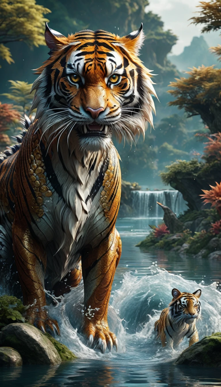 Panorama,Dragon and tiger combination creature in water(best quality,4K,8k,High level,masterpiece:1.2),Ultra Detailed,(lifelike,Photo real,Photo real:1.37),Highly detailed animals,Complex patterns,Realistic lighting,Fantasy Creatures