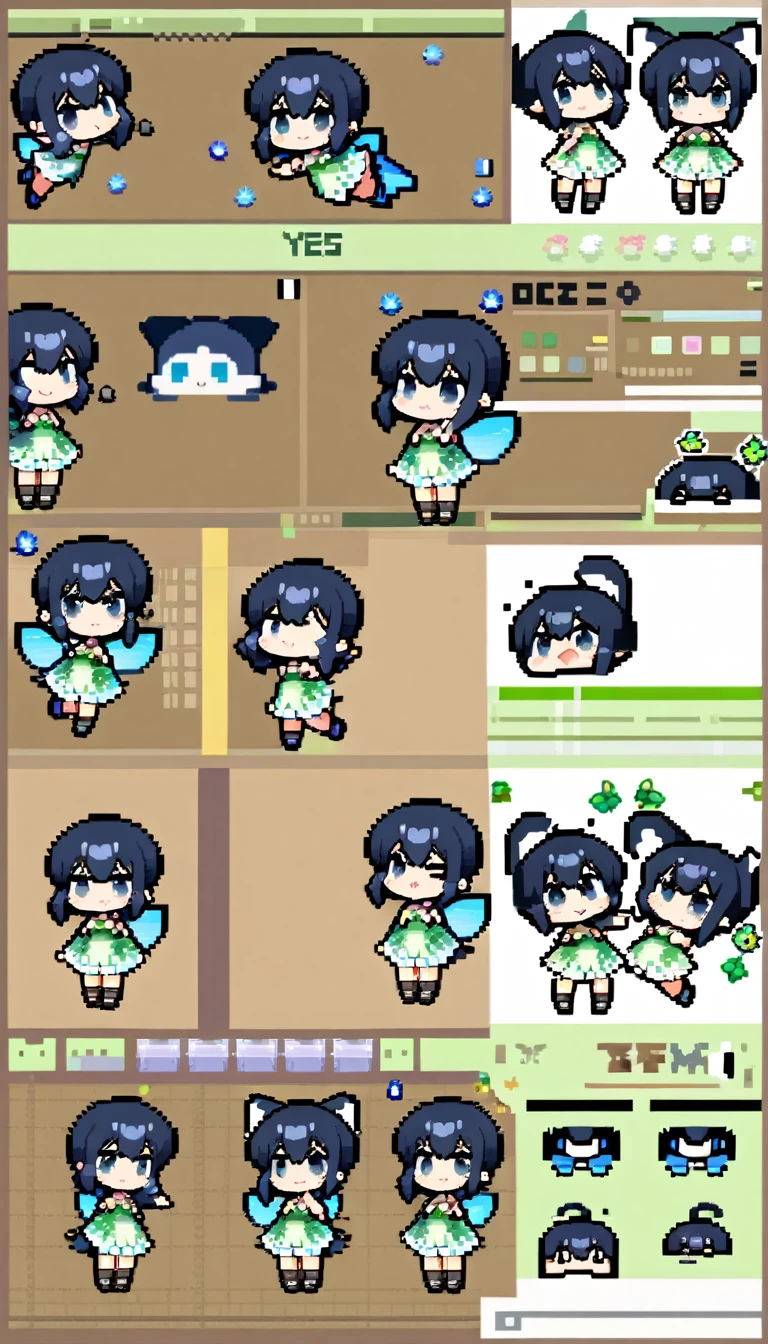 a close up of a cartoon character with different poses, spritesheet, sprite sheet, with familiar sprites, sprites, fairy girl, morgana, default pose neutral expression, twirling, sprite 2 d, shady, green fairy, smol, multiple poses, cute chibi, kawaii, happy, yes