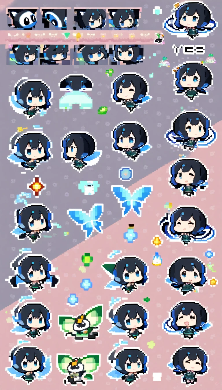 a close up of a cartoon character with different poses, spritesheet, sprite sheet, with familiar sprites, sprites, fairy girl, morgana, default pose neutral expression, twirling, sprite 2 d, shady, green fairy, smol, multiple poses, cute chibi, kawaii, happy, yes