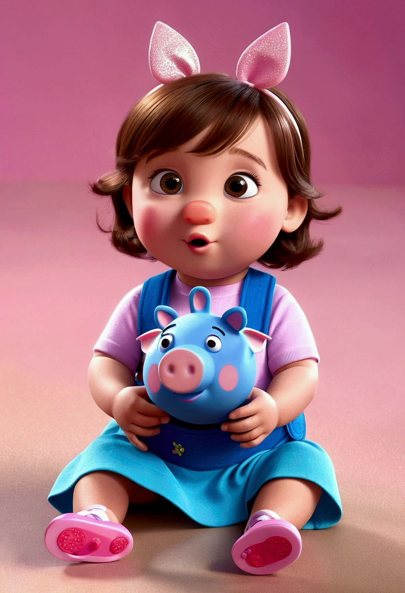 a 2 year old, sitting, thin face, slim, normal nose, disney pixar style, 3d, animated cartoon, fly away, shiny colors, short light brown hair, fair brown-skinned, big dark eyes with a peppa pig toy in her hand