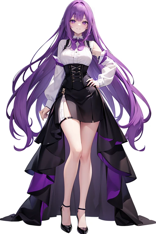 Purple Hair,long hair,Adult female,White Y-shirt,((Rolling up his sleeves)),((The sleeves of her shirt are rolled up)),(corset),(Black tight skirt),(High heels),Heels are visible,((Simple white background)),smile,((whole body)),((full body)),