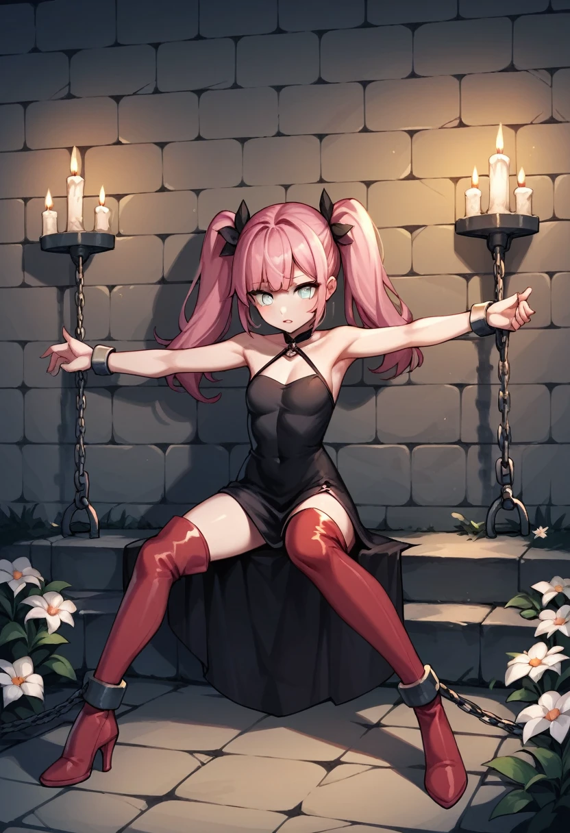 score_9, score_8_up, score_7_up, score_6_up, score_5_up, score_4_up, source_anime, 1girl, sit, pink hair, twin tails, white eyes, w-w-chain, shackles, spread arms, black dress, red thigh high boots, heels, flowers, night, candles, dungeon, best quality, best res, 4K UHD,