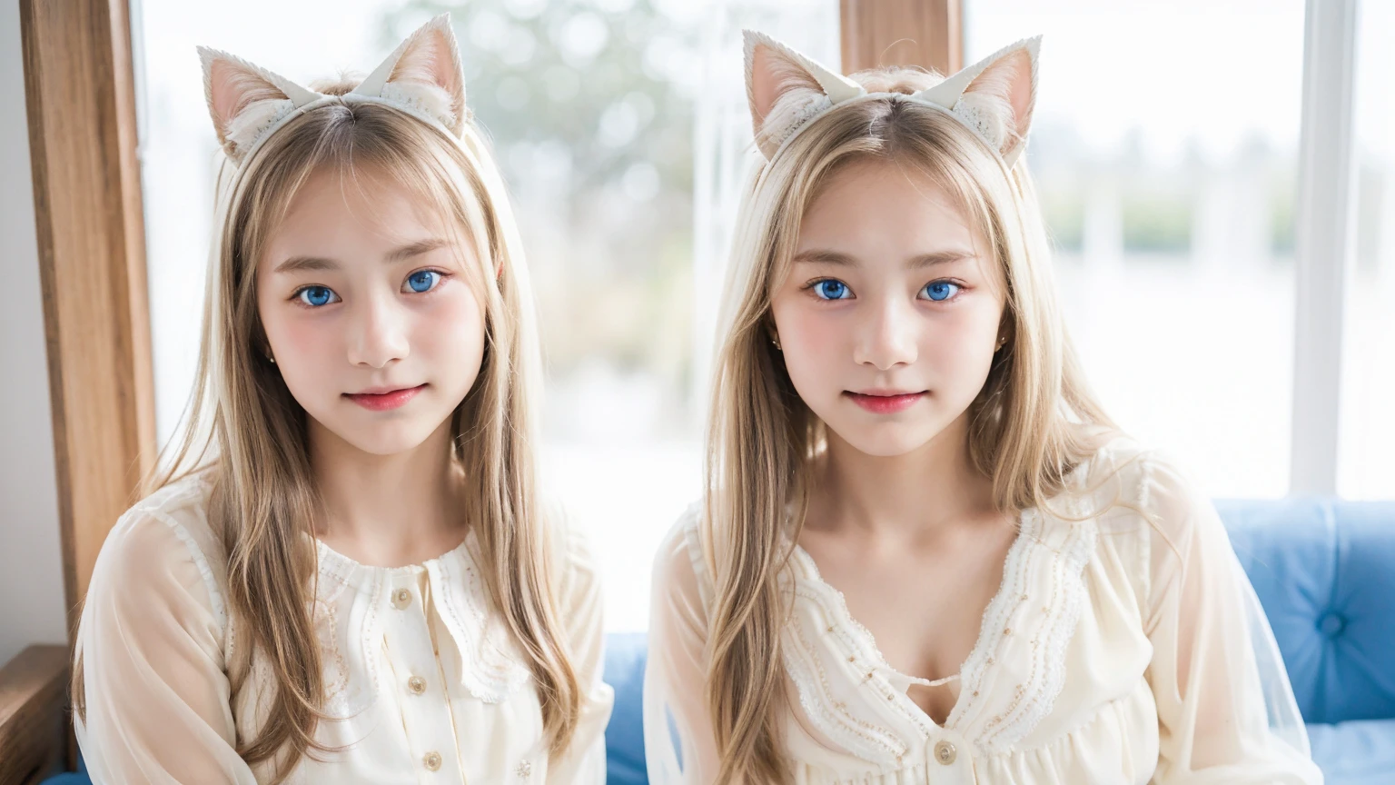 (3 girls), Young faceอินโดนีเซีย, smile, white skin, Round breast, blue eyes,(((Loose see-through blouse.(cream:1.2))))Masterpiece, Highest quality, 8k, beautiful girl, Young face、 photography, Cute face, thigh,embarrassing valley、รอยsmile、((((((12 years old))))))、small waist、 ((Busty breasts))blue eyes(((big breasts:1.0)))cat ears