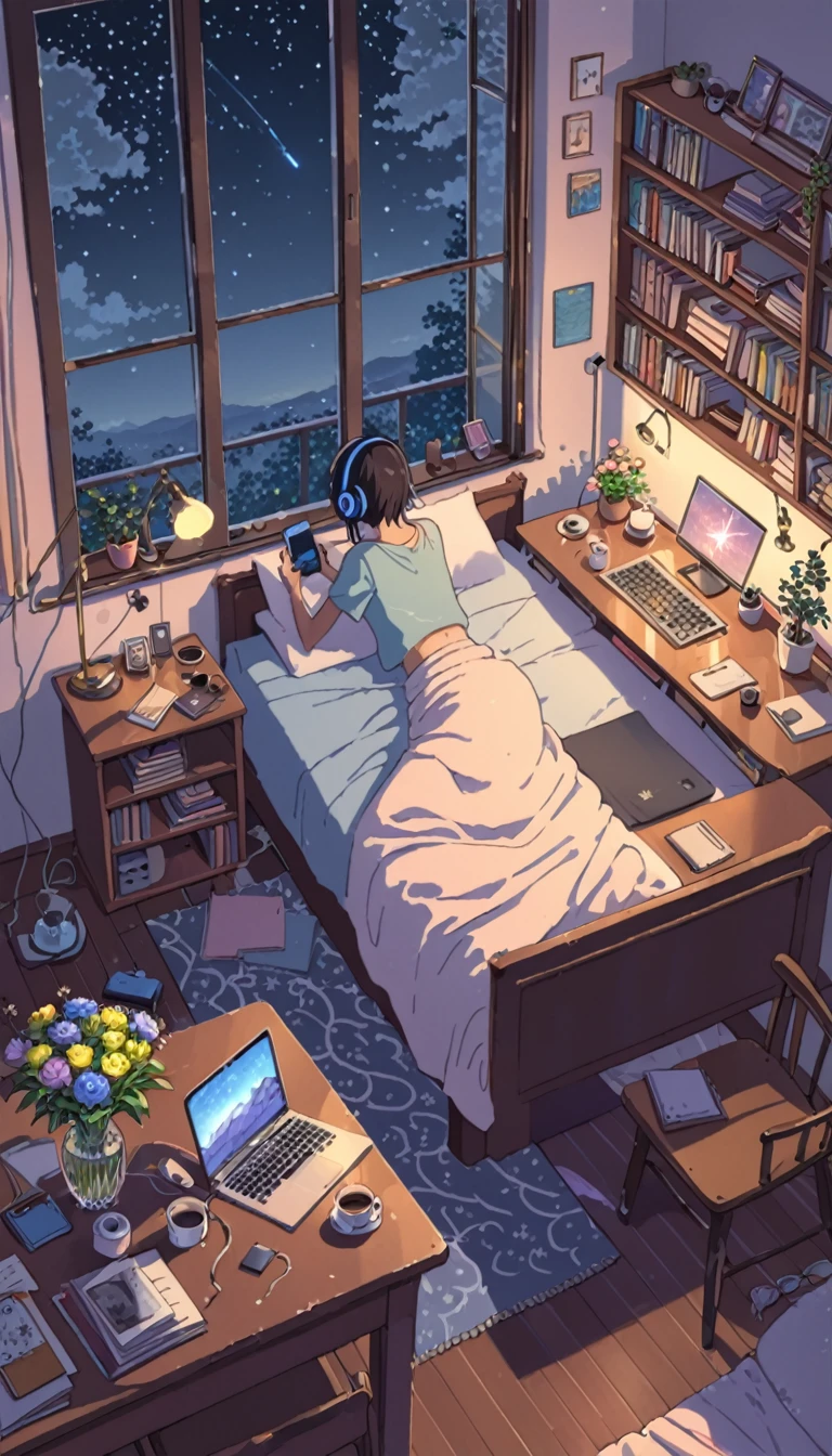 ((anime:1.4,illustration)),(masterpiece, top quality, best quality),(ultra-detailed, absolutely resolution),((16k, high res)). BREAK {lofi art, style of Laurie Greasley, style of Makoto Shinkai, anime aesthetic} BREAK {illustration of A girl is lying on her bed in a room, she is listening to music on her headphones and touching her cell phone, it is dark outside the window and the stars are shining, there is a bed, a bookshelf and a study desk in the room, on the desk there is a laptop computer, a coffee cup and a vase of flowers, the colorful blue color scheme of the room The room is colorful and blue..}
