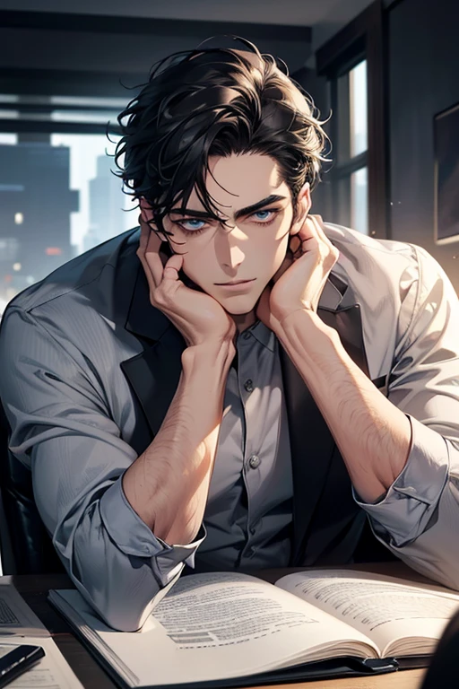 (Best Quality,4k,8k,high resolution,Masterpiece:1.2),ultra detailed,(realist,photorealist,photo-realist:1.37),1 man,31 years,mature man,very handsome,without expresion,muscled body,short gray black hair,Blue eyes,glare,perfect face without mistakes,imposing posture,businessman,office background,cinematic lighting,imagen HDR