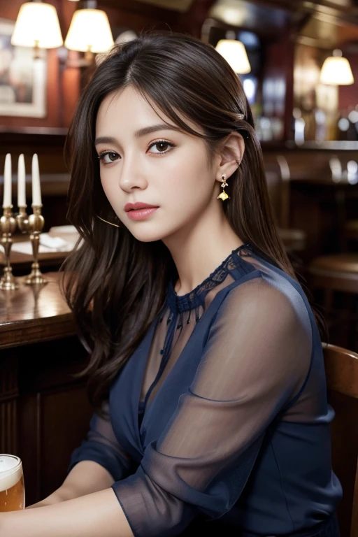 masterpiece, Highest quality, Realistic, Very detailed, Finer details, High resolution, 8k wallpaper, One beautiful woman, Wear a navy blue see-through blouse, In a great pub, At night, Light brown messy layered hair, Perfect dynamic composition, Beautiful and beautiful eyes、Big earrings、Sitting in a chair、