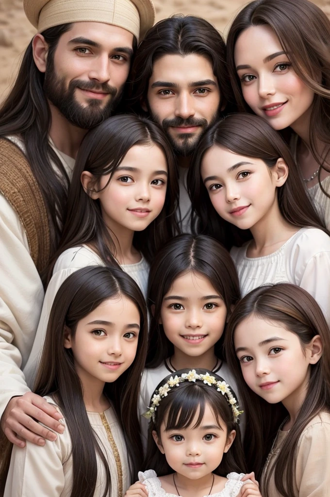 Create an artwork of Jesus smiling in the center, with four children around you, all wearing biblical time clothes. Jesus must have traditional physical characteristics: long brown hair, short beard, brunette skin, olhos gentis.