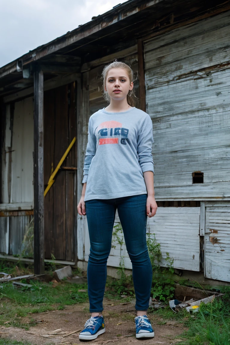 Realistic photo of cute agers alone ,Standing in front of an abandoned house ,giorno