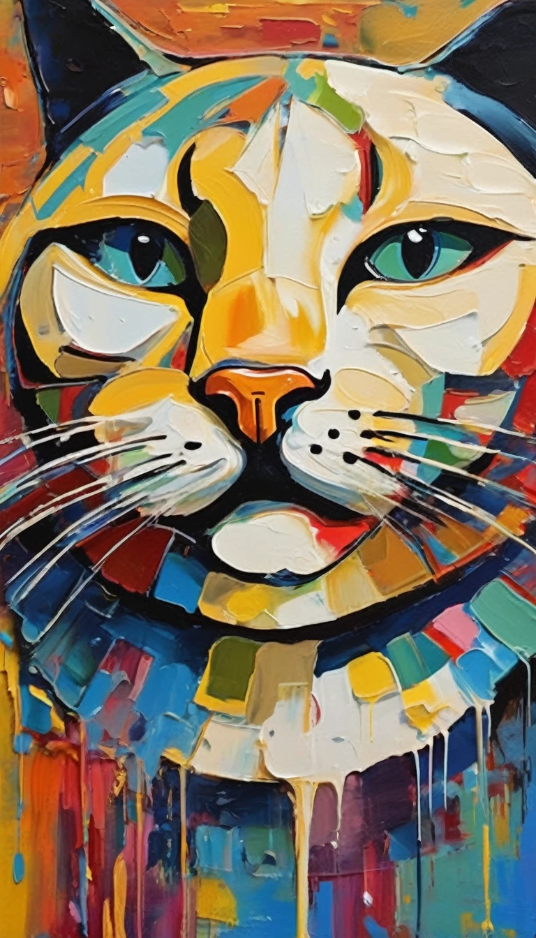 fat cat face painting,robot,Rich oil art,On a colorful background, Abstracted , Abstract Portrait, Stylized face, Pop Art Painting, Dripping Paint,Expressive detail face, Expressive cat, Inspired by Picasso, Pop Art Painting, Beautiful and expressive paintings, Picasso-style, Cubist style