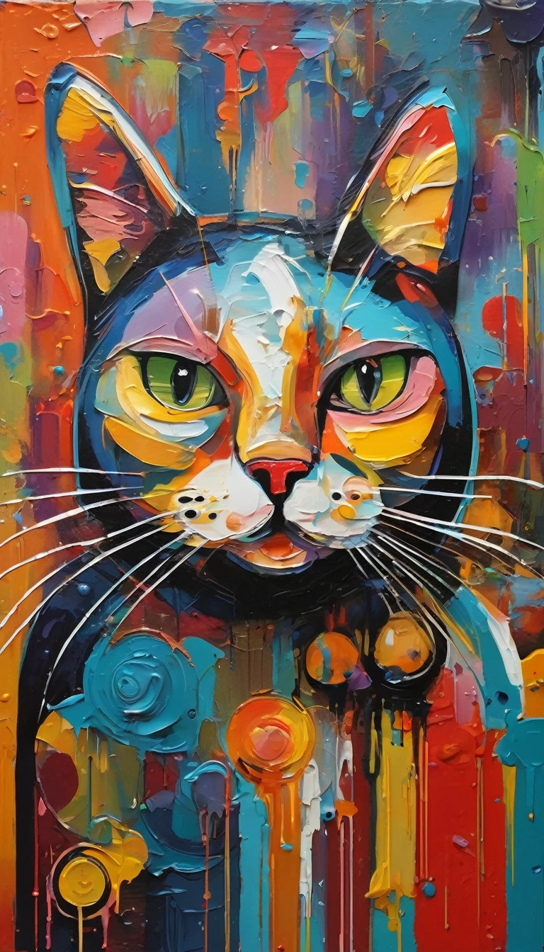 fat cat face painting,robot,Rich oil art,On a colorful background, Abstracted , Abstract Portrait, Stylized face, Pop Art Painting, Dripping Paint,Expressive detail face, Expressive cat, Inspired by Picasso, Pop Art Painting, Beautiful and expressive paintings, Picasso-style, Cubist style