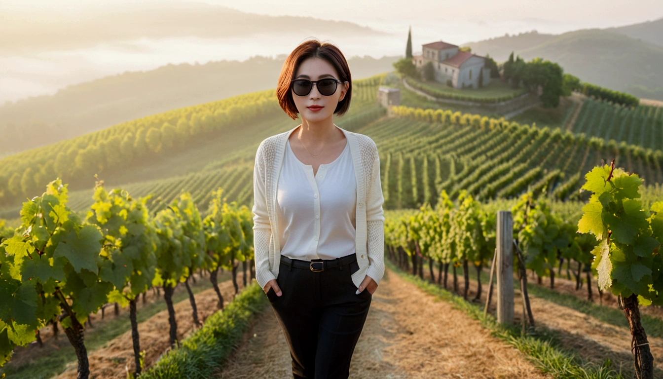 Simul Creativity Upscale Transformation Upscale Download Generation Data Prompt Txt2Img 8k Realistic, lifelike photo,, 36 year old Korean woman, Short in stature, pretty like a model. front view, White shirt and short cardigan, casual pants, short medium hair, Smiley, Italy. vineyard, thick dawn fog. vineyard 지나 짙은 안개 속으로 저 멀리 성당이 보인다. Full body shot from afar with a wide angle lens , 1 woman, Short in stature, looking at the camera, Excellent picture quality, The morning fog is thick, The picture quality is alive. Full body shot with Canon 16-35 wide angle lens, Wearing black horned sunglasses and looking up to the side, The cathedral is visible in the red morning sunlight., standing on a hill path