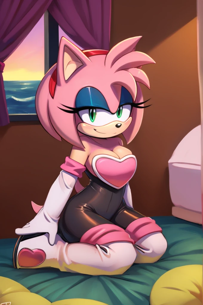 score_9, score_8_up, 2D, flat color, looking at viewer, (1girl), (solo), very detailed, extremely detailed, Amy Rose from the sonic the hedgehog series, portrait, seductive smile, hair down, hair bangs, medium breast, Rouge cosplay, cosplay, she wears a black skin-tight and strapless low-cut jumpsuit, a pink heart-shaped chest plate outlined with thin white trim, elbow-length white gloves and thigh-high high-heeled boots with pink cuffs to match them, with the latter featuring both gray soles and heels, matching her jumpsuit's chest plate, she is now sitting down in her pink bed in her bedroom, as she is holding a yellow flower in her left hand, a window of the sunset at the beach, close up, wingless,