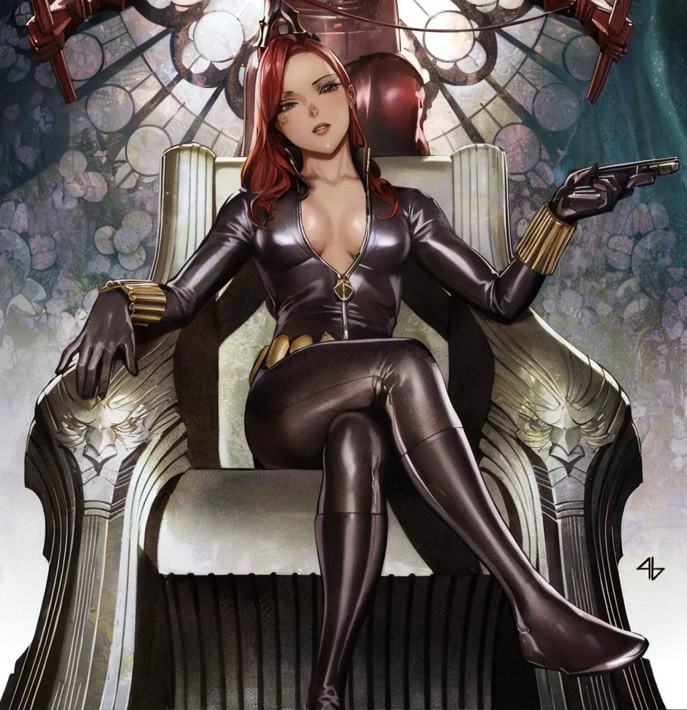 A digitally illustrated image shows an anime girl with red hair wearing a a sleek skin-tight shiny black latex bodysuit with a deep-cut zipper neckline revealing a large chest and seated on an ornate, metallic throne. She also wear a leather belt adorned with golden circle and a wrist guard made by golden stick. She is holding a gun in her left hand and looks directly at the viewer. The throne and the background are intricately designed, with the throne featuring carvings of flora and fauna and the background showcasing elaborate patterns in blue, pink, and cream, accented with red elements. The setting conveys a blend of modern and futuristic aesthetics.