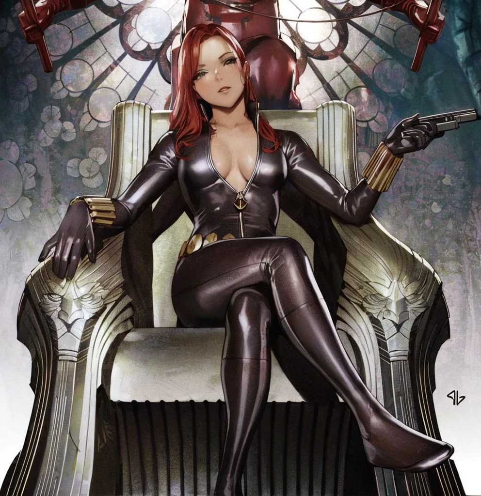 A digitally illustrated image shows an anime girl with red hair wearing a a sleek skin-tight shiny black latex bodysuit with a deep-cut zipper neckline revealing a large chest and seated on an ornate, metallic throne. She also wear a leather belt adorned with golden circle and a wrist guard made by golden stick. She is holding a gun in her left hand and looks directly at the viewer. The throne and the background are intricately designed, with the throne featuring carvings of flora and fauna and the background showcasing elaborate patterns in blue, pink, and cream, accented with red elements. The setting conveys a blend of modern and futuristic aesthetics.