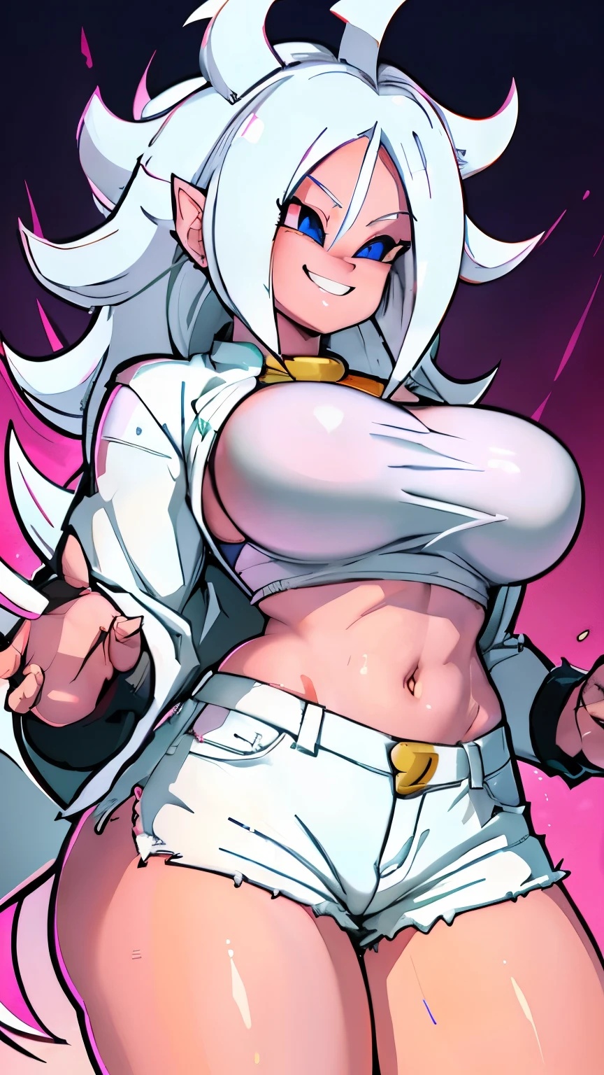 1 girl, big breasts, white long lab coat, cropped top, jeans shorts ((pink skin)) dragon ball ((Android 21)) ((white long hair)) ((evil smile)) ((good body)) ((good hands)) 1k sfw