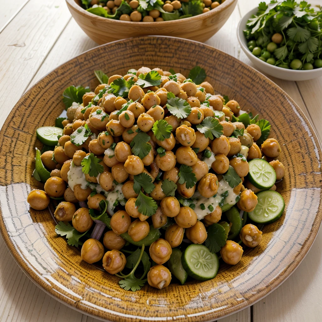 A plate of Curried Chickpea and Sweet Potato Salad with a Yogurt Mint Dressing, chopped red onion, chopped fresh cilantro, chopped cucumber, chickpeas rinsed and drained for the intermittent fasting diet . Enlarged side view with the background blurred. The dish is on a wooden kitchen table. Real picture. 