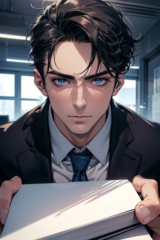 (Best Quality,4k,8k,high resolution,Masterpiece:1.2),ultra detailed,(realist,photorealist,photo-realist:1.37),1 man,31 years,mature man,very handsome,without expresion,muscled body,short gray black hair,Blue eyes,glare,perfect face without mistakes,imposing posture,businessman,office background,cinematic lighting,imagen HDR