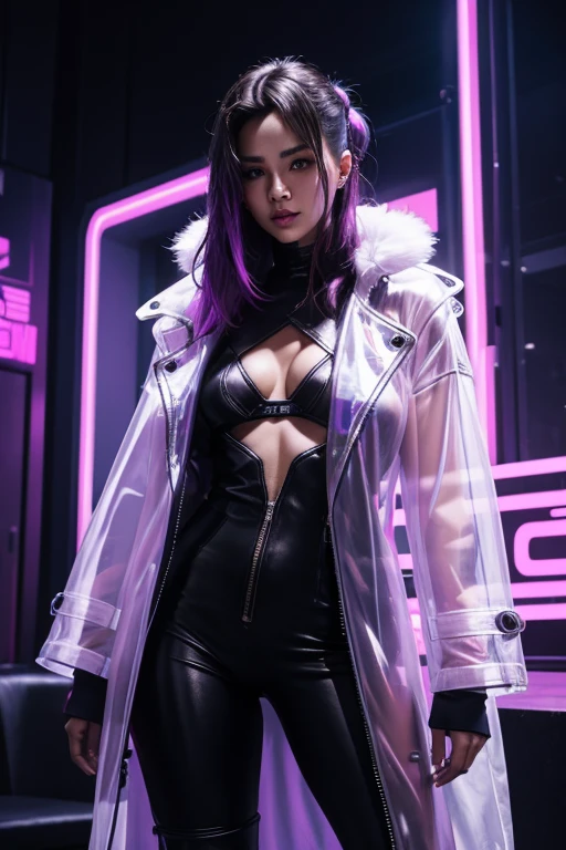 Cyberpunk, woman, medium breast, cyberpunk party with neon light display in background, transparent coat with skin visible underneath, not safe for work, transparent coat