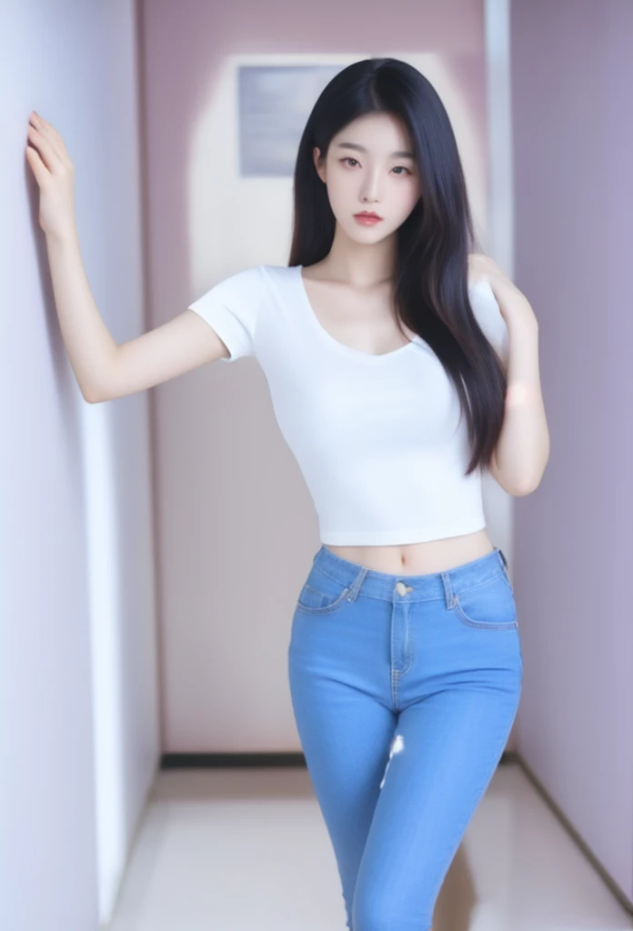 photorealistic, high resolution, 1 women, solo, hips up, look at viewer, (detailed face), black hair, long hair, medium breasts, shirt, hot jeans, innocent blue eyes