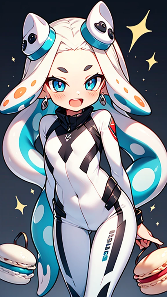 splatoon style,cute girl,white long Hair,shiny delta forehead,Bangs parted in middle of forehead,blue eyes,white battle suit,baby face,Macaron-shaped headgear,open mouth smile,thigh gap,
