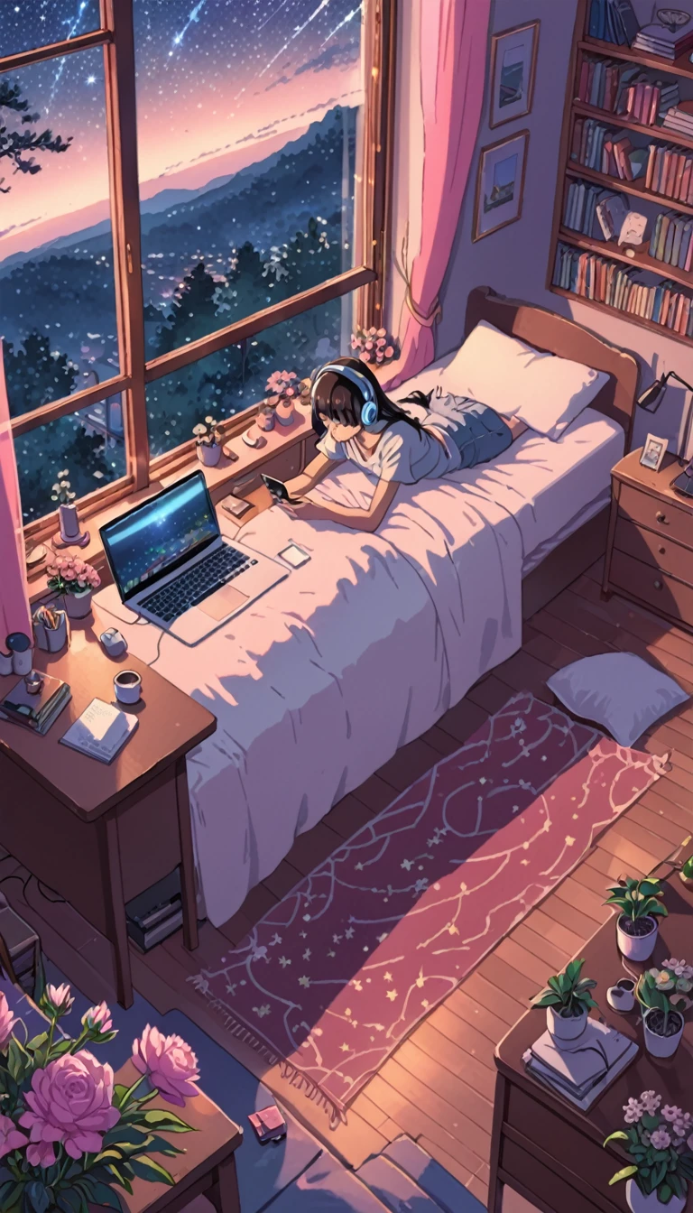 ((anime:1.4,illustration)),(masterpiece, top quality, best quality),(ultra-detailed, absolutely resolution),((16k, high res)). BREAK {lofi art, style of Laurie Greasley, style of Makoto Shinkai, anime aesthetic} BREAK {illustration of A girl is lying on her bed in a room, she is listening to music on her headphones and touching her cell phone, it is dark outside the window and the stars are shining, there is a bed, a bookshelf and a study desk in the room, on the desk there is a laptop computer, a coffee cup and a vase of flowers, the colorful pink color scheme of the room The room is colorful and blue..}