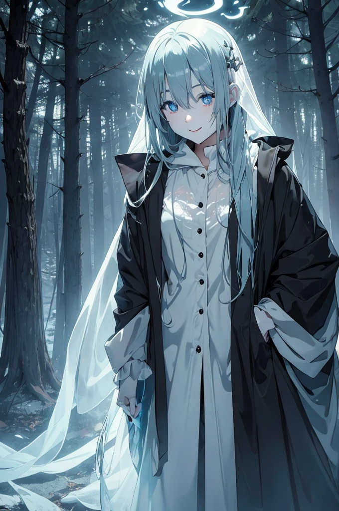 grey forest, blue hair, ghostly glowing skin, ghost, creepypasta, black and white ghost eyes, transparent ghost skin, ghost old clothes, fly in sky, cute smile