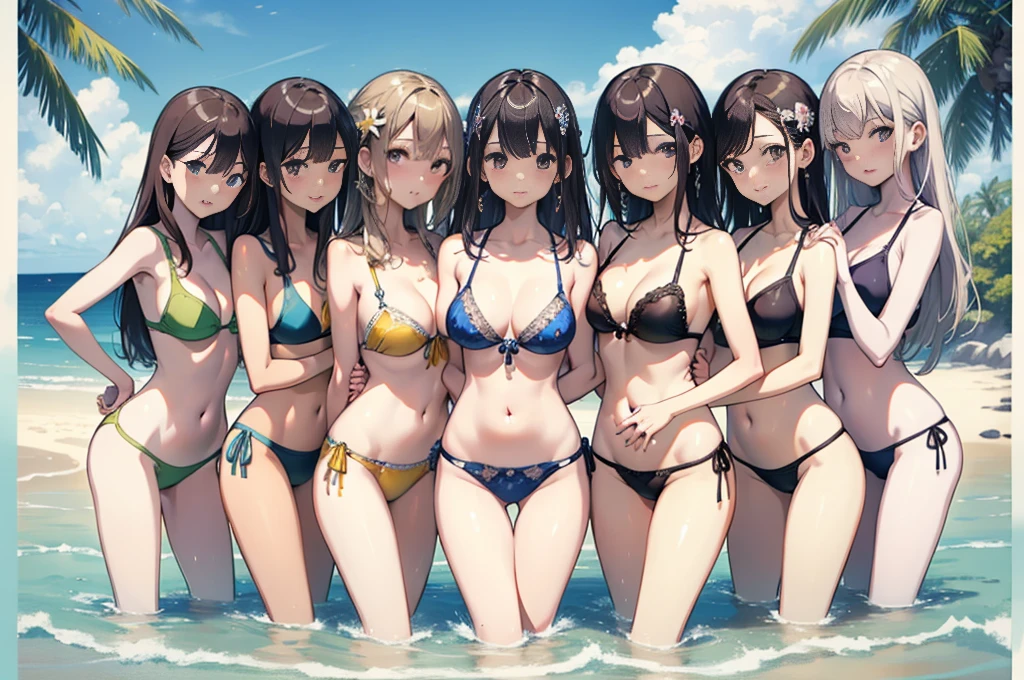 (Highest quality、detailed、masterpiece、8K)、(Five beautiful women embracing each other)、slender、Wet Skin、Colorful Bikinis、beach、sun