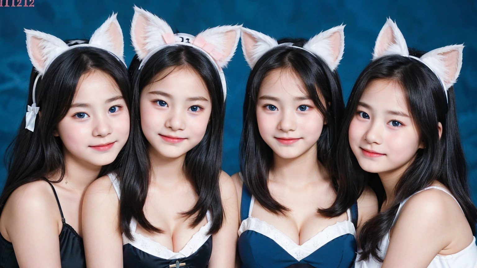 (3 girls), Young faceอินโดนีเซีย, smile, white skin, Round breast, blue eyes,((black and white pink dress))Masterpiece, Highest quality, 8k, beautiful girl, Young face、 photography, Cute face, thigh,embarrassing valley、รอยsmile、((((((12 years old))))))、small waist、 ((Busty breasts))blue eyes(((big breasts:1.0)))cat ears