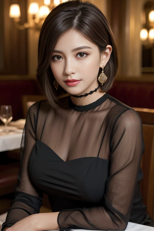 masterpiece, Highest quality, Realistic, Very detailed, Finer details, High resolution, 8k wallpaper, One beautiful woman, Wear an elegant black see-through blouse, In a great restaurant, At night, Light brown short hair, Perfect dynamic composition, Beautiful and beautiful eyes、Big earrings