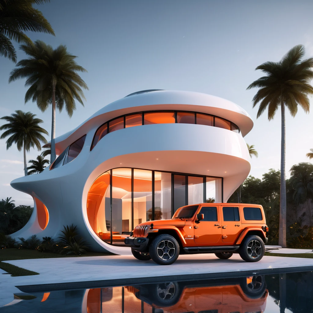 a futuristic house with an orange jeep wrangler parked in front of it, cgsocietywlop, beautiful curves, intricate devilish designs, qualia, interesting shapes & form, wow factor, elaborate polished, architectural rendering, miami, orange soft lighting in interior of house, futuristic battlefield, inspired by James E. Brewton, precise architectural rendering
